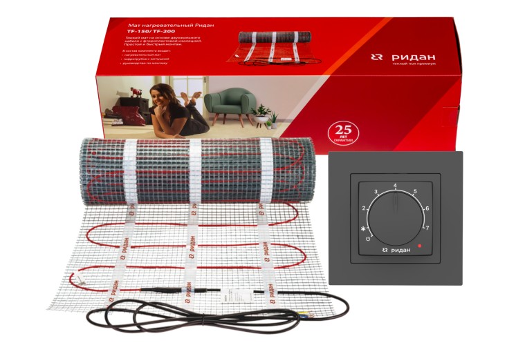 Ridan 21RT1070R — Розничный комплект для теплого пола: нагревательный мат Ridan TF-200 7 м² с терморегулятором Ridan Twist (белый)