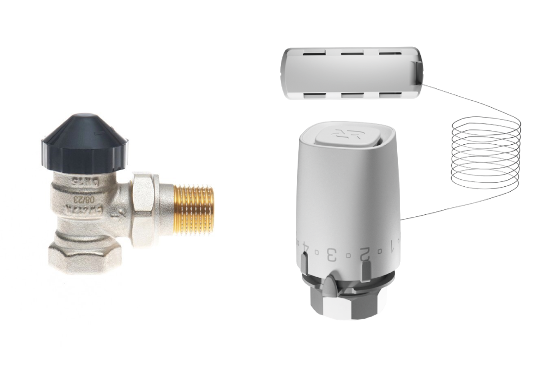 Комплект для двухтрубной системы отопления для радиаторов или конвекторов отопления с боковым подключением: клапан терморегулирующий 013G7015R (Ду20, угловой) + термостатический элемент с выносным датчиком 003G9006R (присоединение М30х1,5)